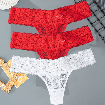3PCS Lace Floral Women Panties Low Waist Breathable Briefs Female Thong Underwear M-2XL Solid Sexy G-String Transparent Panty.