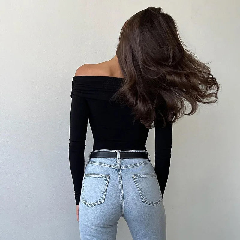 Fashion Solid Sexy Bodysuits Women Elegant Streetwear Long Sleeve Casual Slim Sheath Rompers Cross Folds T Shirts Tops.