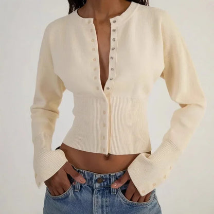 Women's High Waist Round Neck Single Breasted Cardigan Solid Long Sleeve Short Sweater Top Autumn Slim Bottoming Shirt.