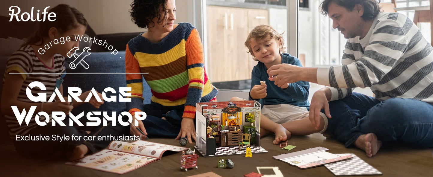 Robotime Rolife Dollhouse Miniature House Kit DIY Mini Garage Workshop LED Light Decorative Wooden Craft Gifts for Children.