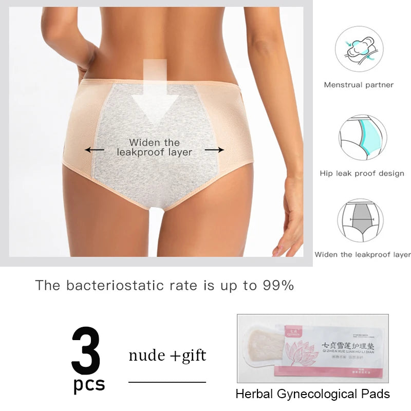 3pcs Leak Proof Menstrual Panties+Herbal Gynecological Pads Women Sanitary Panties  Plus Size Physiological Waterproof Briefs