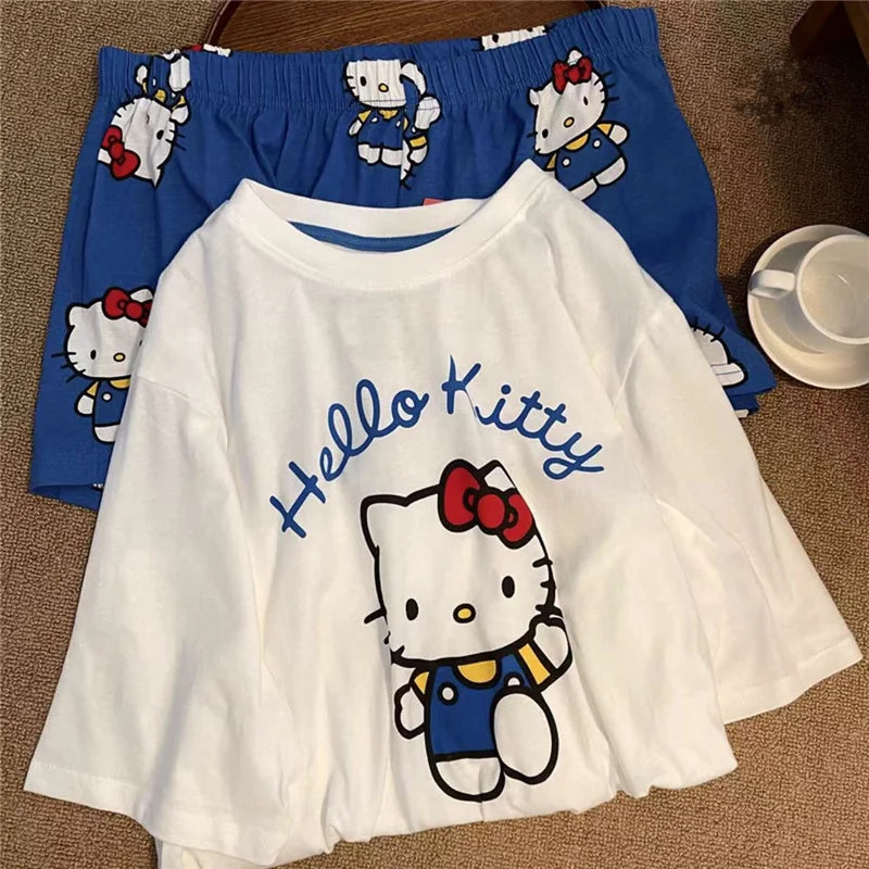 Hello Kitty Pyjamas für Damen, kurzärmelig, Freizeitkleidung, Heimkleidungsset, Cartoon-Süßes Mädchen, Geburtstagsgeschenke.