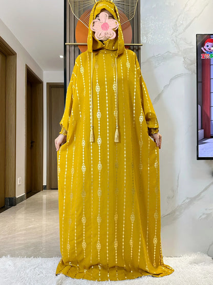 High Grade Cotton Fabric Ramadan Muslim Two-Hat Abaya Dubai Turkey Islam Prayer Clothes Gold Dust Dress Islam Women Dress Kaftan