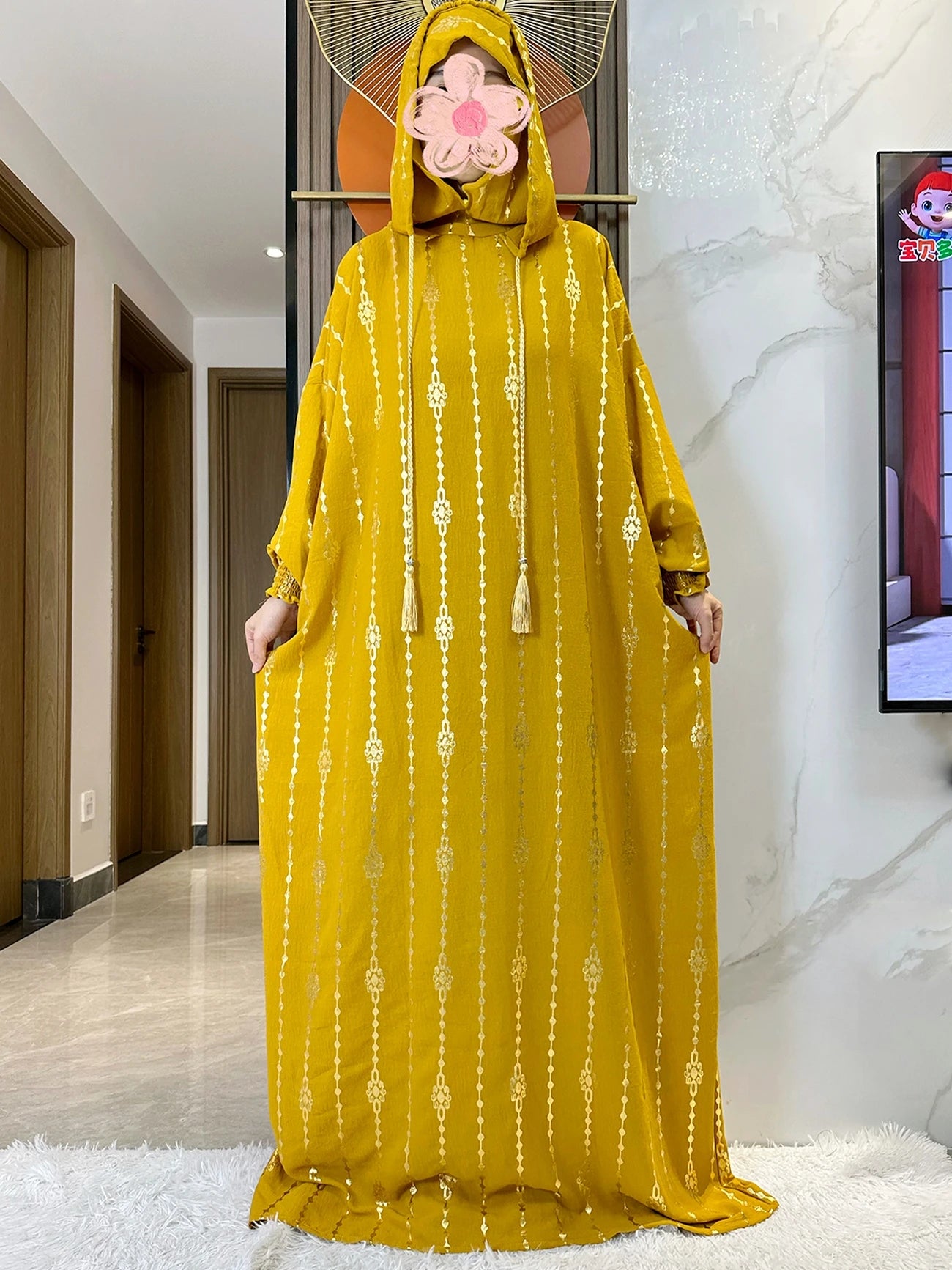 New Cotton Ramadan Muslim Two-Hat Abaya Dubai Turkey Islam Prayer Clothes Gold Dust   Dress Islam Women Dress Kaftan