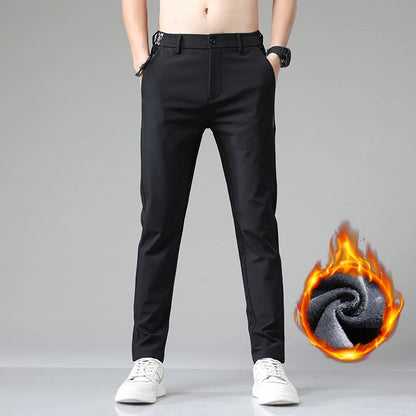 Korean Men's Warm Golf Pants Slim Straight Winter Thick Fleece Casual Pants Business Fashion Stretch Thermal Trousers Male.