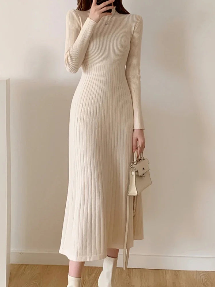Herbst Winter 2023 Schlank Langarm Party Midi Kleid für Frauen Gestrickte Halb Hohen Kragen Elegante Gestrickte Pullover Kleider Damen
