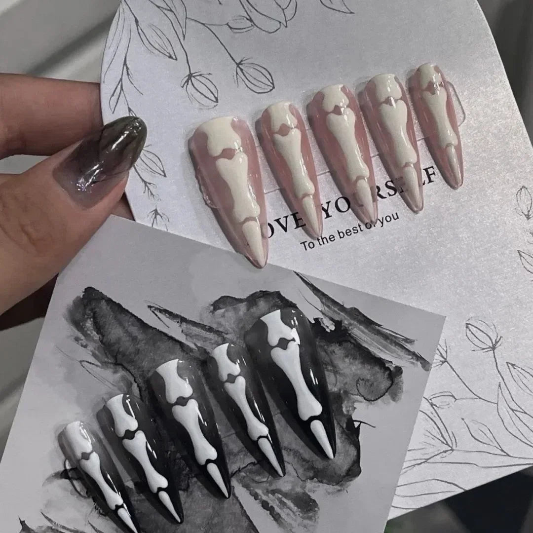 10pcs Halloween Goth Bone Press On Nail-Glossy Long Almond Shape False Nail Sweet and Cool Full Cover Design for Women and Girls.