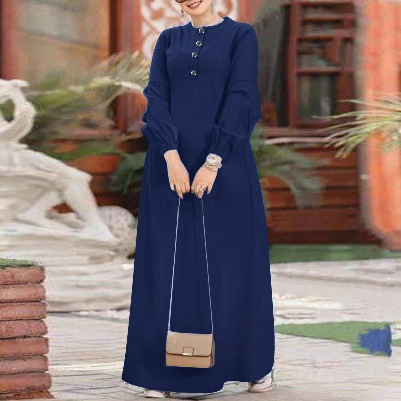 ZANZEA Muslim Women's Maxi Dress Islamic Hijab O Neck Half-Button Denim Blue Abaya Holiday Lantern Sleeve Loose Casual Vestidos