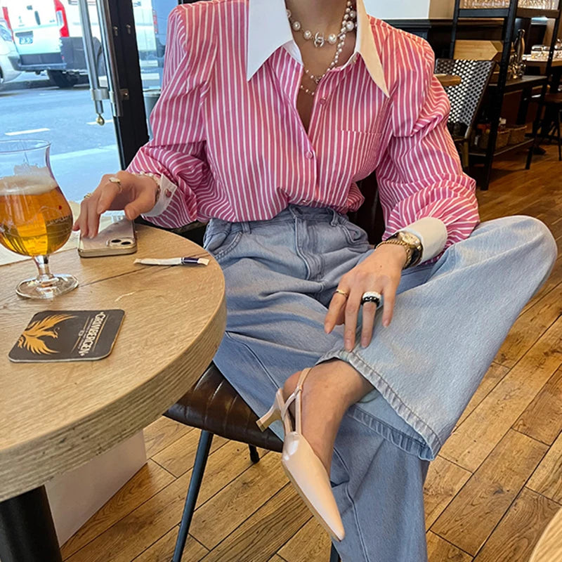 Jmprs Elegant Women Shirts Korean Striped Red Fashion Turn Down Collar Office Ladies Tops Long Sleeve Causal Female Blouse.