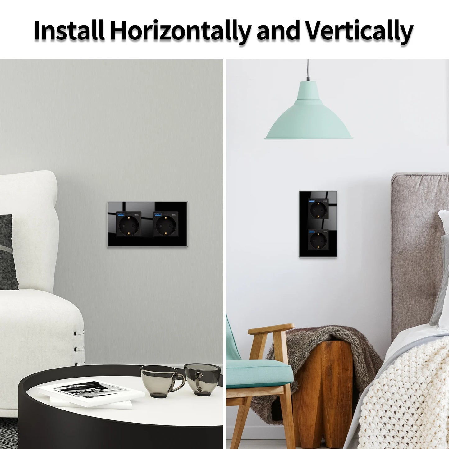 Bingoelec Wandsteckdose, Touch-Lichtschalter mit USB, 20 W, Typ C, Schnellladesteckdose, Glasscheibe, EU-Standard-Steckdosen.