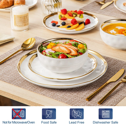 LOVECASA 12/24 Piece Ceramic Porcelain White and Golden Rim Dinnerware Sets With 4/8 PCS Dinner Plate/Dessert/Cereal Bowl for 4.