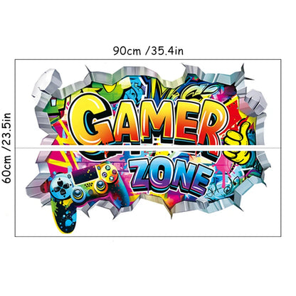Larger Game Poster 3D Wall Hole Art Cool Gamer Zone Gamepad Vinyl Mural Stickers Home Decoration for Kids Bedroom Gaming Rooms.