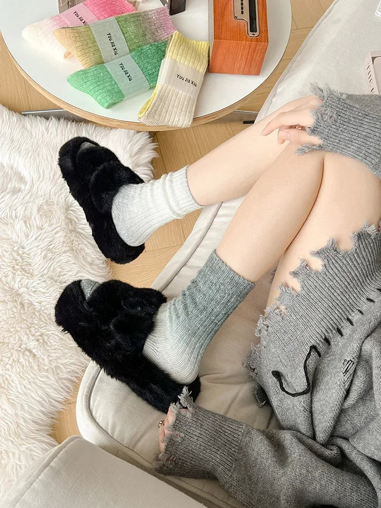 Winter Thick Warm Long Socks Gradient Wool Cashmere Kawaii Socks Women Thermal Floor Sleeping Socks New Year Gift Autumn 2024New.