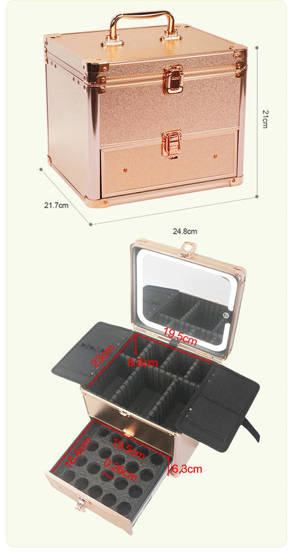Large Capacity Makeup Case with LED Mirror Multiple Size Options Cosmetic Box LED Mirror Makeup Storage Box for Beauty Salons.