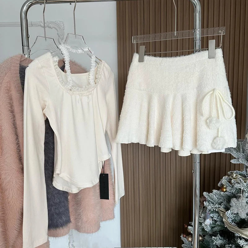 MEXZT Kawaii White Mini Skirts Women Preppy Cute High Waist Skirt Winter Japanese Streetwear Lace Up Chic Slim A Line Faldas New.
