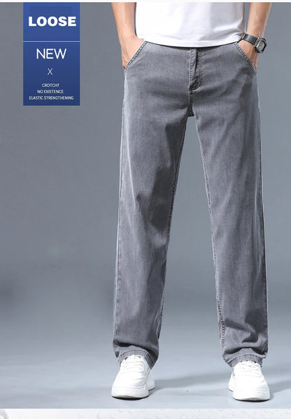 Summer Thin Men's Loose Straight Jeans Lyocell Soft Drape Business Casual Trousers Classic Smoke Gray Brand Ice Silk Pants.