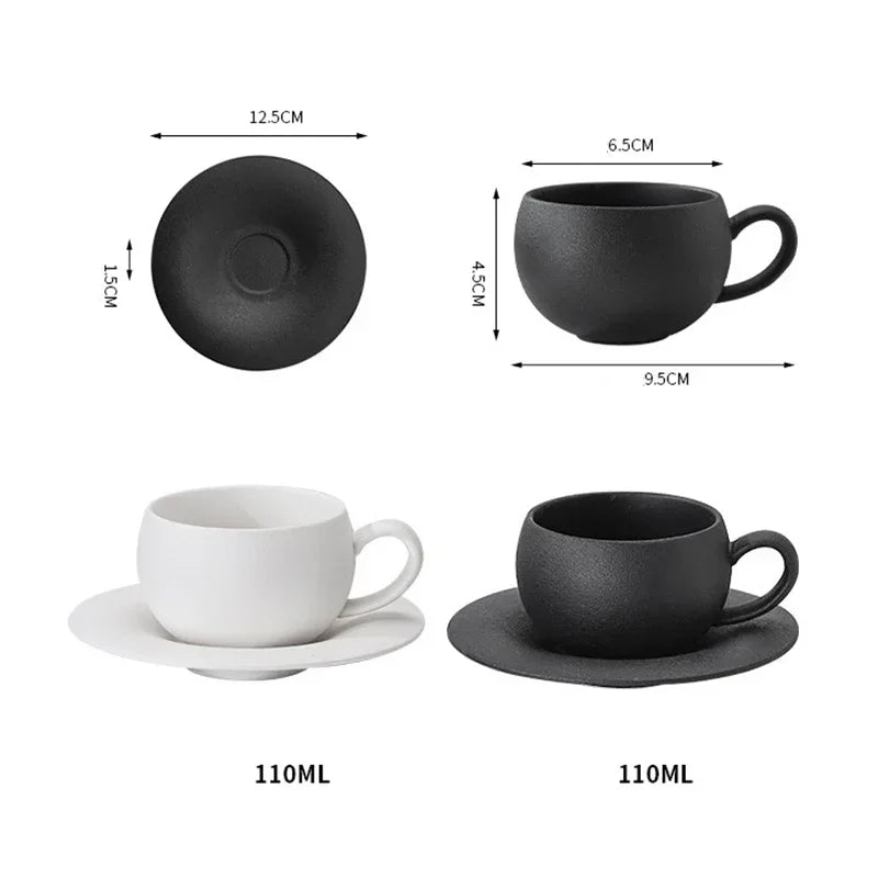 110/280ml Japanese-style Ceramic Mug Black White Fired Stone Coffee Cup and Saucer Set Breakfast Milk Coffee Cup Egg-shaped Mug.