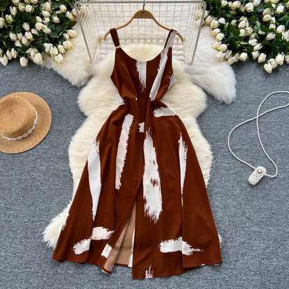 Neue Sommer Druck Süße Kleid Träger O Neck Backless Split Elegante Damen Urlaub Strand Party Midi Sommerkleid