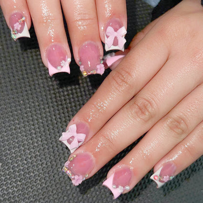 Blush Pink False Nails Bowknot Diamond Pearl 3D Design Press on Nail Tips with Harmless Smooth Edge Nails Woman DIY Fake Nails.