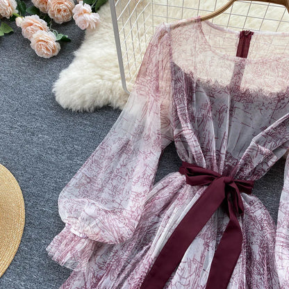 Elegante Frauen Mesh Kleid Vintage Laterne Ärmeln Gedruckt Party Kleider Frühling Sommer Patchwork A Line Bandage Strand Kleid.