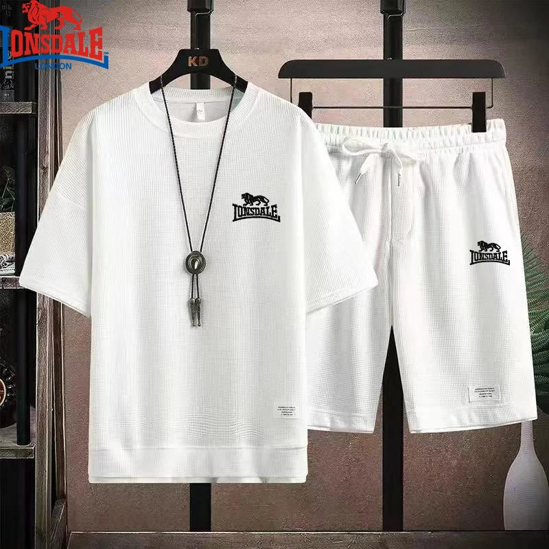 Embroidered LONSDALE Summer Men's Waffle Sets Casual T-Shirt And Shorts Set Male Sports Suit Tracksuit Loose Suits Size 3XL.