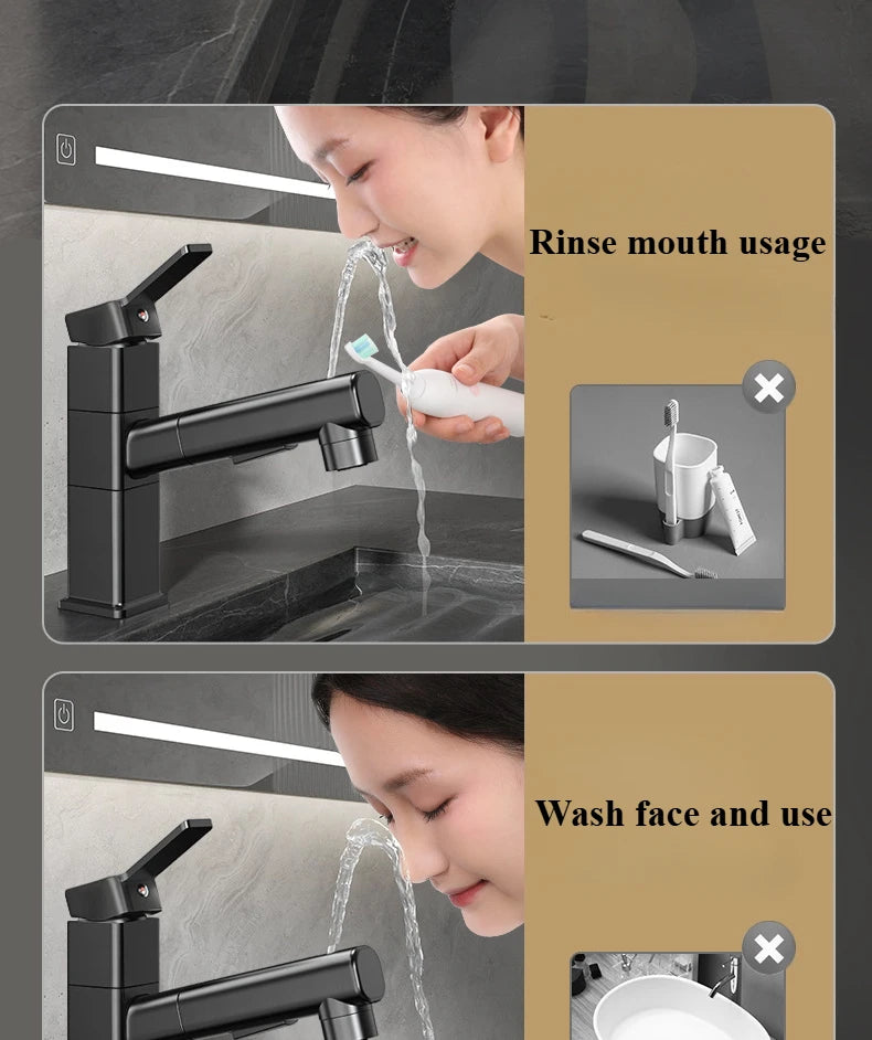 Pull Out Bathroom Faucet Hot and Cold Water Mixer Basin Sink Three Mode Water Outlet Faucet Washbasin Tap