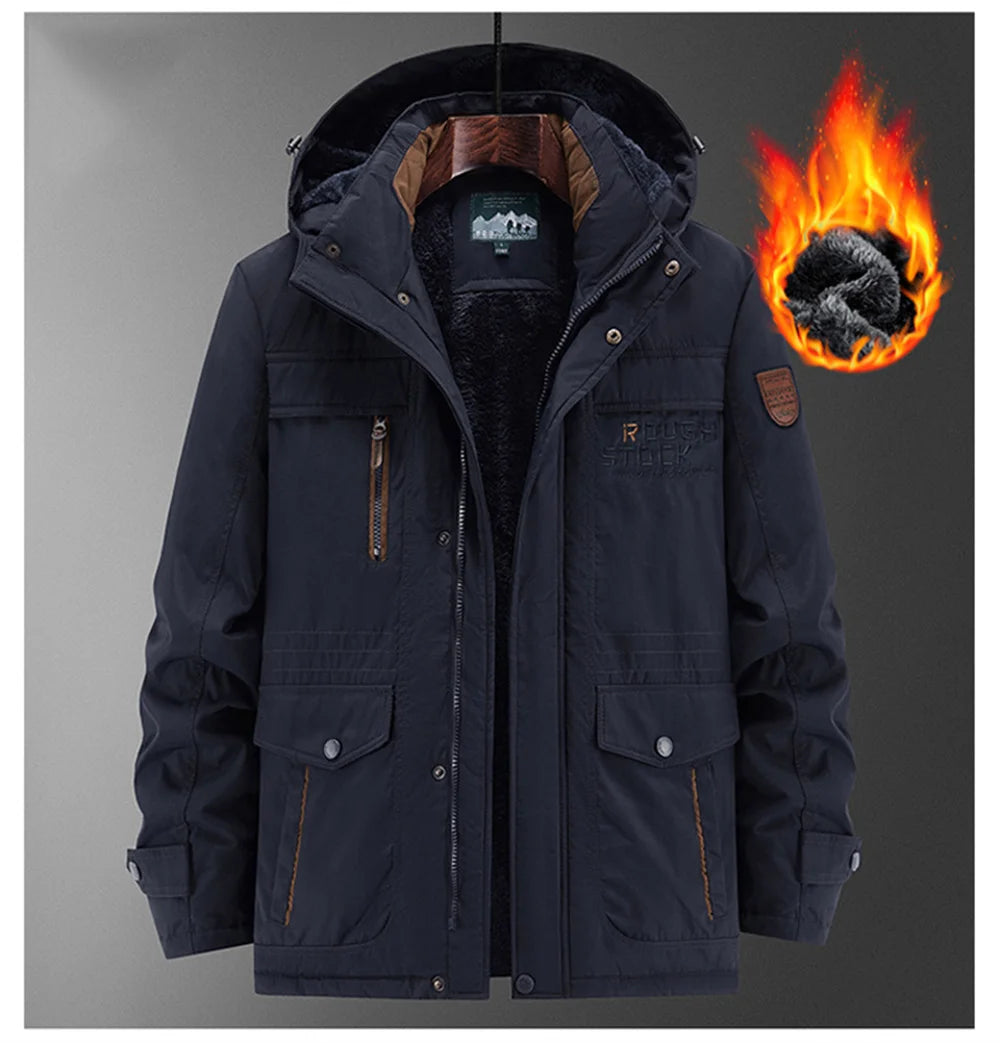 New Autumn/Winter Men's Fleece-Lined Thickened Cotton Coat Casual Vintage Workwear Jacket with Detachable Hood Multiple Pockets.