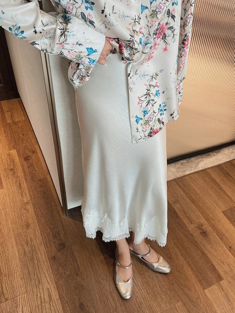 Satin Lace Patchwork Midi Skirt 2025 Women A-line Elegant Smooth Skirt Women Clothing.