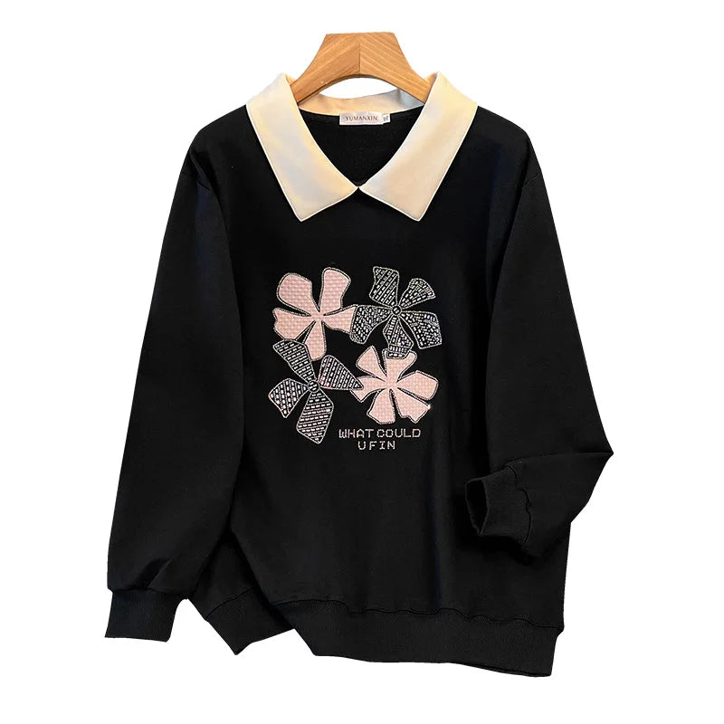 170 kg Plus Size Damen-Büste 170 Frühling Herbst Loose Diamond Collared Sweatshirt Schwarz 4XL 5XL 6XL 7XL 8XL 9XL.