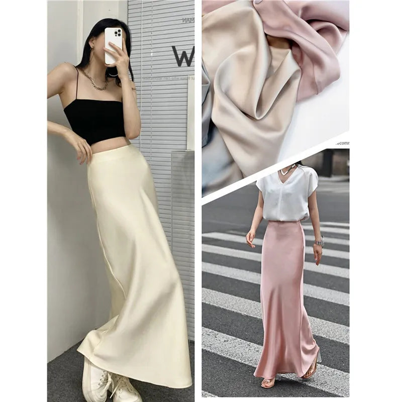 French Style Chic Women's Acetic Acid Satin Flowy High Waist Hip Hugging Skirt for Spring/Summer Fishing Tail Skirt A-line Skirt.