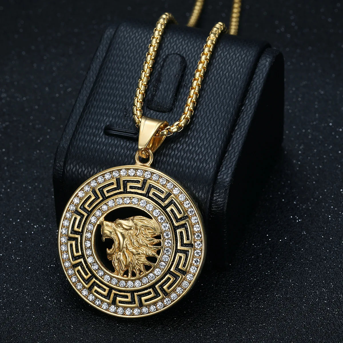 Hip Hop Lion Stainless Steel Gold Plated Zircon Lion Pendant Necklace Men's Pendant Gift Jewelry Stylish Round Accessories.