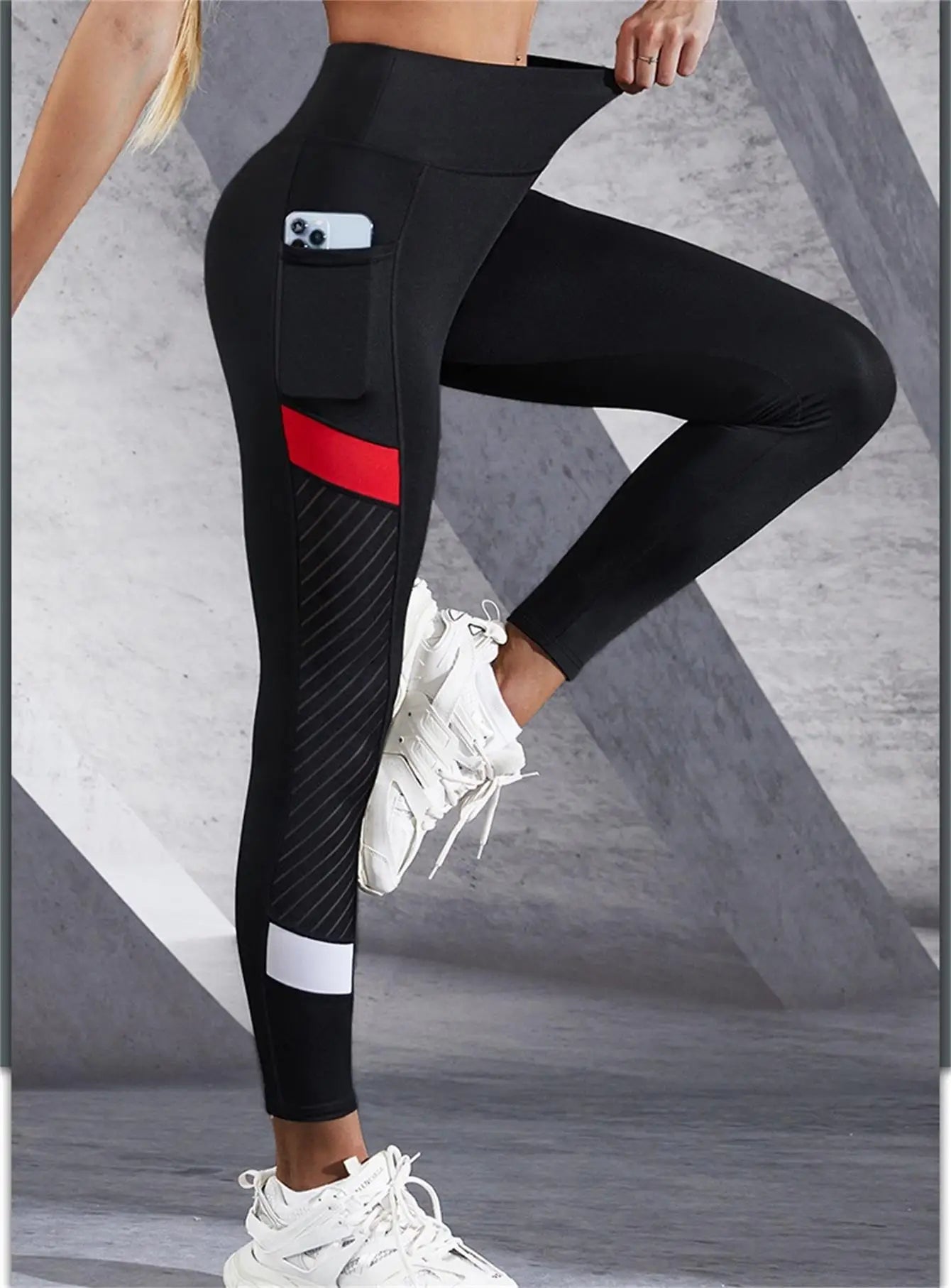 Colorblocked Mesh High Waist Yoga Pants with Side Pockets Leggings for Women Tummy Control Workout Shaping Leggings.