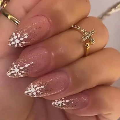 24Pcs Christmas Press on Nails White Snowflake  Fake Nails French Almond Glitter Artificial Nails Full Cover Nail New Year Gifts.