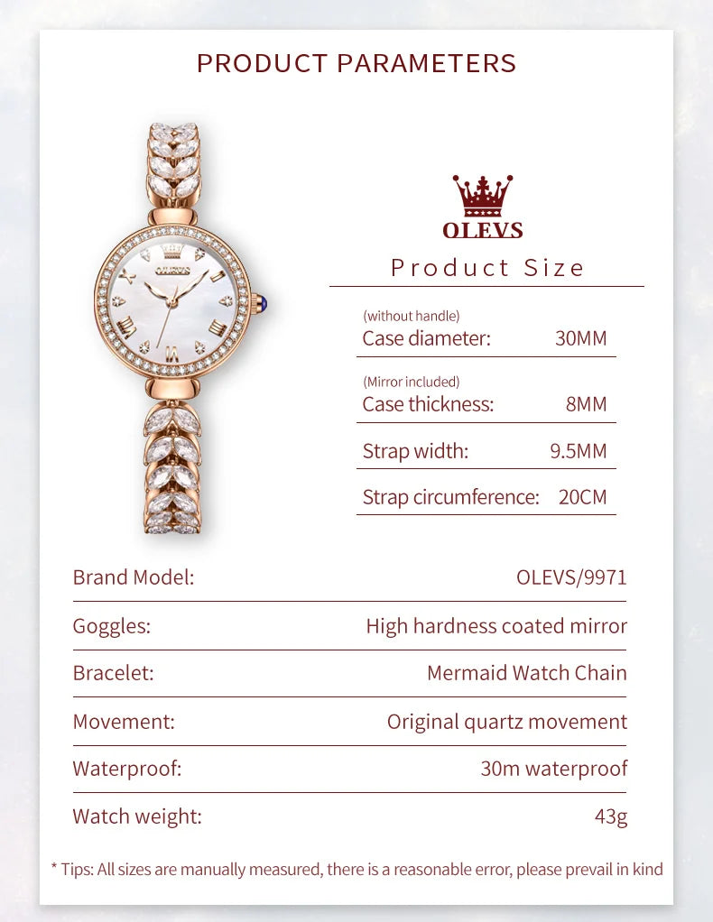 OLEVS 9971 Women's Watches Elegant Fashion Original Wristwatch Waterproof  Fish Bone Strap Luminous Hand Diamond Bezel Reloj.