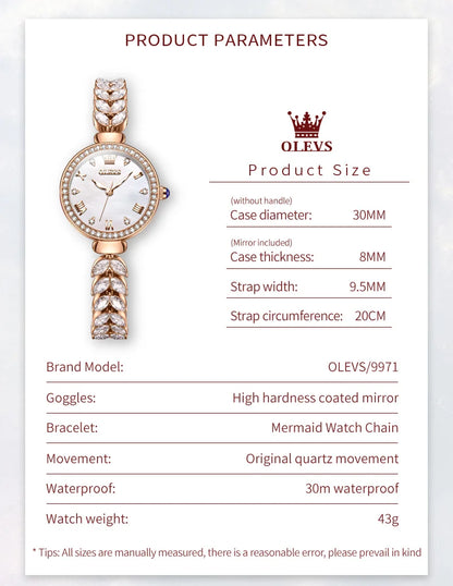 OLEVS 9971 Women's Watches Elegant Fashion Original Wristwatch Waterproof  Fish Bone Strap Luminous Hand Diamond Bezel Reloj.