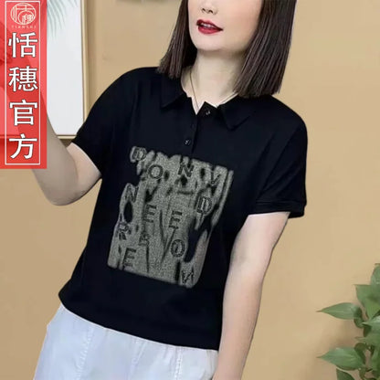 Button Lapel Women's T-shirt Short-sleeved Fashionable Outfit Middle-aged Mother's Outfit Temperament Large-size Top Trendy.