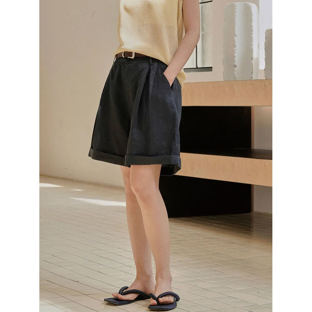 Summer Korea Style Lazy Linen Curled Bermuda Shorts Wide Leg Loose Slim Casual Hot Pants For Women.