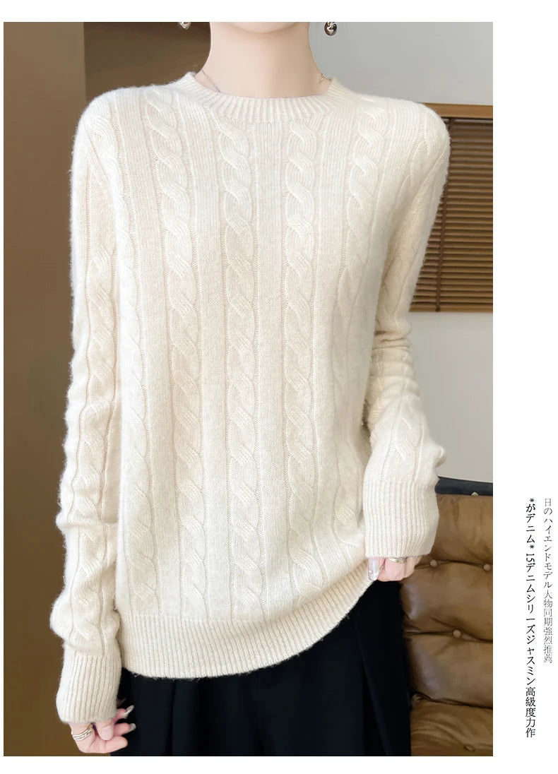 Frauen 100% Merino Wolle Verdickung Pullover Oansatz Gestrickte Twisted Pullover Herbst Winter Kaschmir Langarm Kleidung Basis Tops
