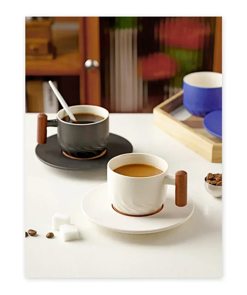 130ML Ceramic Coffee Cup Saucer Set Wooden Handle Japanese Tea Cups Filter Home Water Mug Handmade Frosted Tea Coffee Cup Gift.