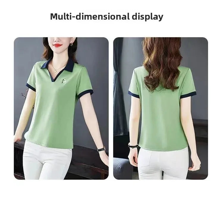 Loose Fit Casual Short Sleeve Turn-down Collar T-shirt for Middle-aged Women Summer New Style plus Size Sportswear Top.