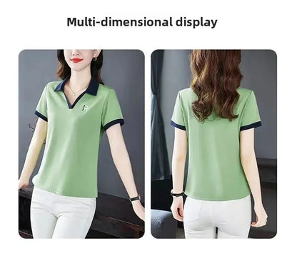 Loose Fit Casual Short Sleeve Turn-down Collar T-shirt for Middle-aged Women Summer New Style plus Size Sportswear Top.