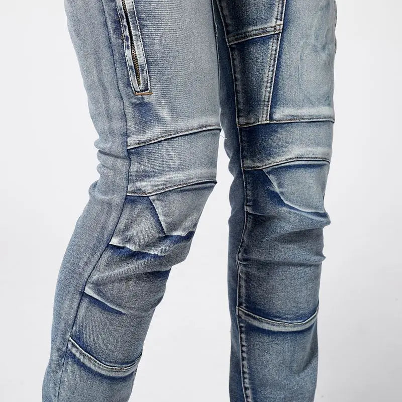 Two tone distressed patchwork jeans for men trendy jeans for summer thin straight leg pants slim fit small leg distressed jeans.
