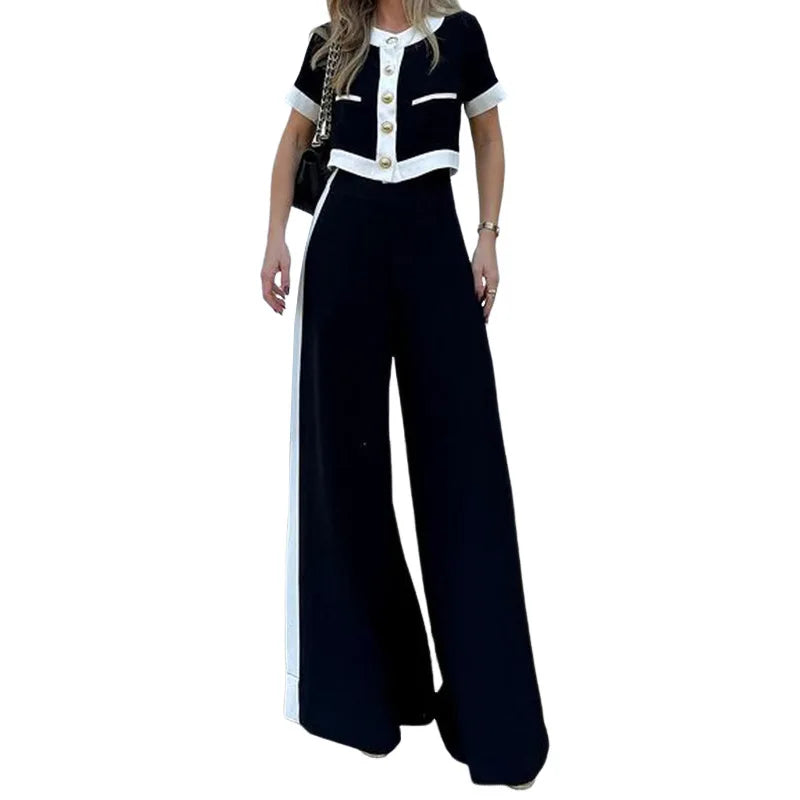 Fashion New Two Piece Set Women's Round Neck Short Sleeve Patchwork Singe Breasted Button Top Loose Wide Legs Pants Sets Women.
