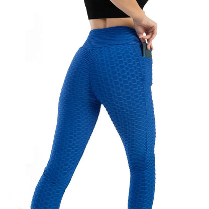 Women Fashion Pocket Bubble Pants Stretchy Slim Leggings Gym Running Cycling Fitness Pants High Waist Hip Lift Leggings Female.