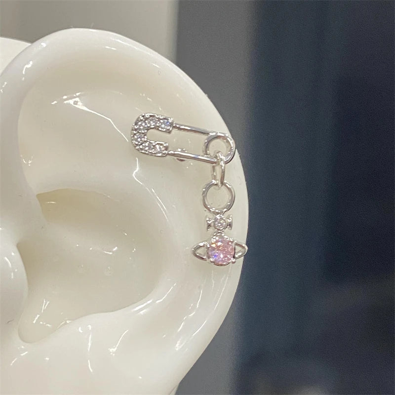 1PCS Pink Zircon Cross 316L Stainless Steel Annular Ear Bone Nail New Fashion U-shaped Earrings for Women Y2K Punk Jewelry