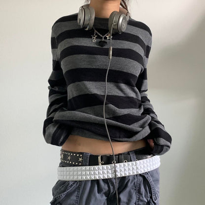Women Fairy Grunge Knit Basic Shirt Autumn Y2K Grey Black Striped Long Sleeve Round Neck Tops Emo Tee.
