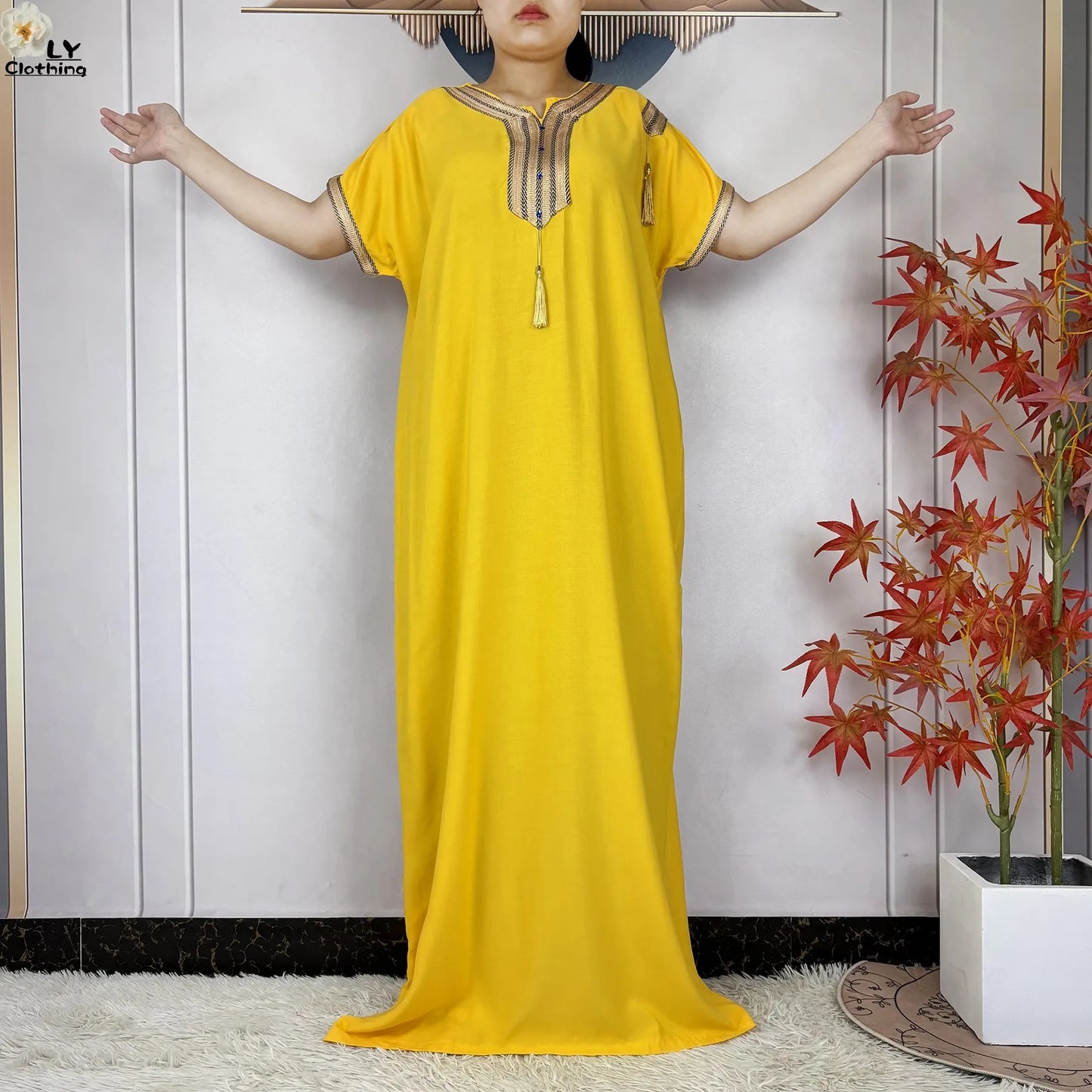 New Muslim Abayas Summer Short Sleeve African Dashiki Tassels Cotton Loose Caftan Lady Maxi Islam Casual Dresses With Headscarf