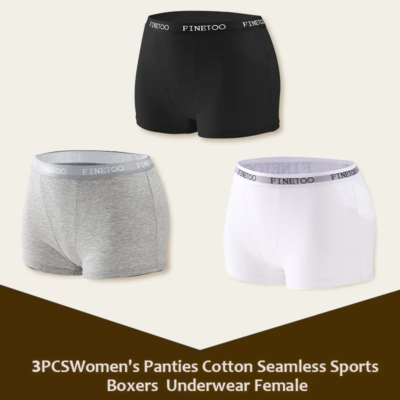 3Pcs Women's Panties Cotton Seamless Sports Boxers Underwear Female Solid Color Briefs Lingerie Intimate Underpant Finetoo S-XXL