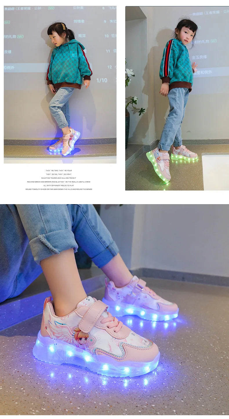 Disney Children's Casual Shoes LED Rechargeable Luminescent Shoes  Cartoon Princess Elsa Girls Pink Sports Sneakers Size 26-35.