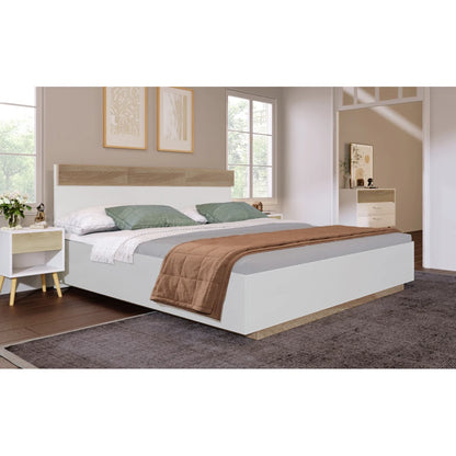 Doppelbett, Holzbett, schwebendes Bett mit Kopfteil des Bettrahmens und Lattenrost, 205 x 144 x 90,5 cm, Set in Eiche Sonoma/Weiß (ohne Matratze)